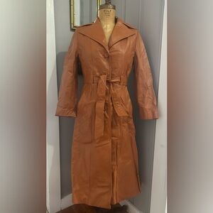 Vintage 70s Retro Cognac Brown Leather Trench Coat Belted Pockets Long